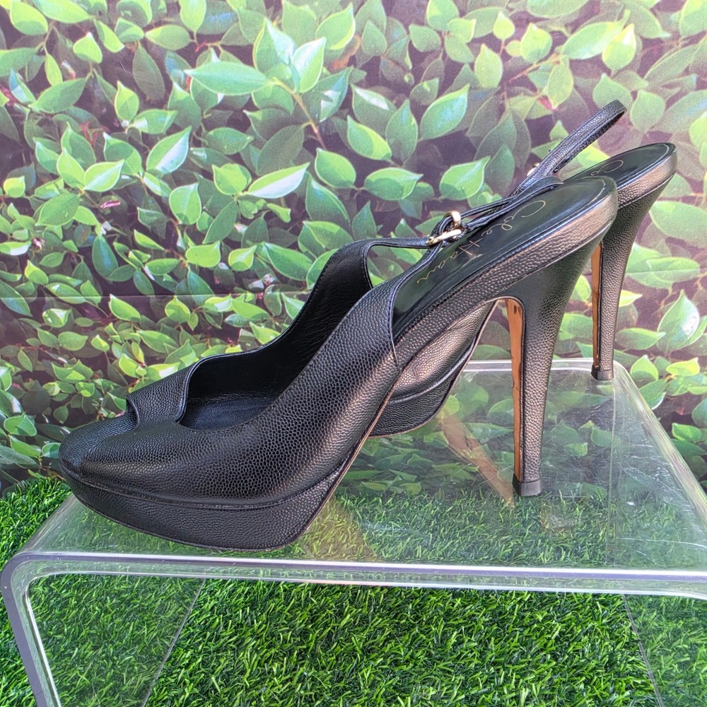 Cole Haan Black Pebbled Leather Peep Toe Slingback Platform Heels 9.5B - Picture 5 of 9